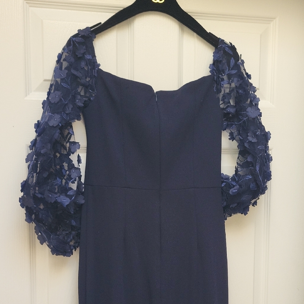 Eliza J Elegant Off Shoulders Long Gown Navy with Floral Sleeves - Picture 6 of 8